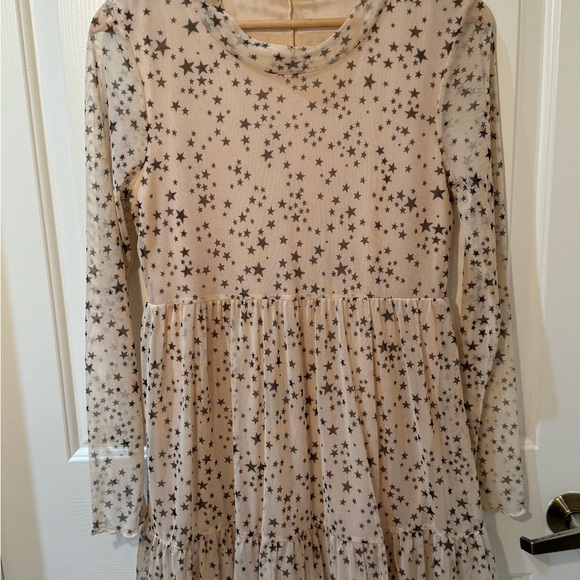 EUC- Altar’d State Pink Sheer Tiered Long Sleeve Mesh Dress with Black Stars - Picture 5 of 9